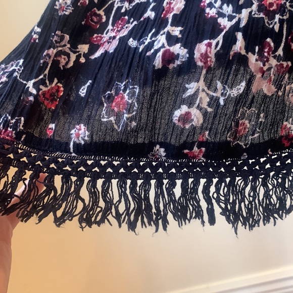 J Gee Black Floral Ruffle Fringe Dress Petite Small S Elastic Scoop Neckline - Picture 4 of 8